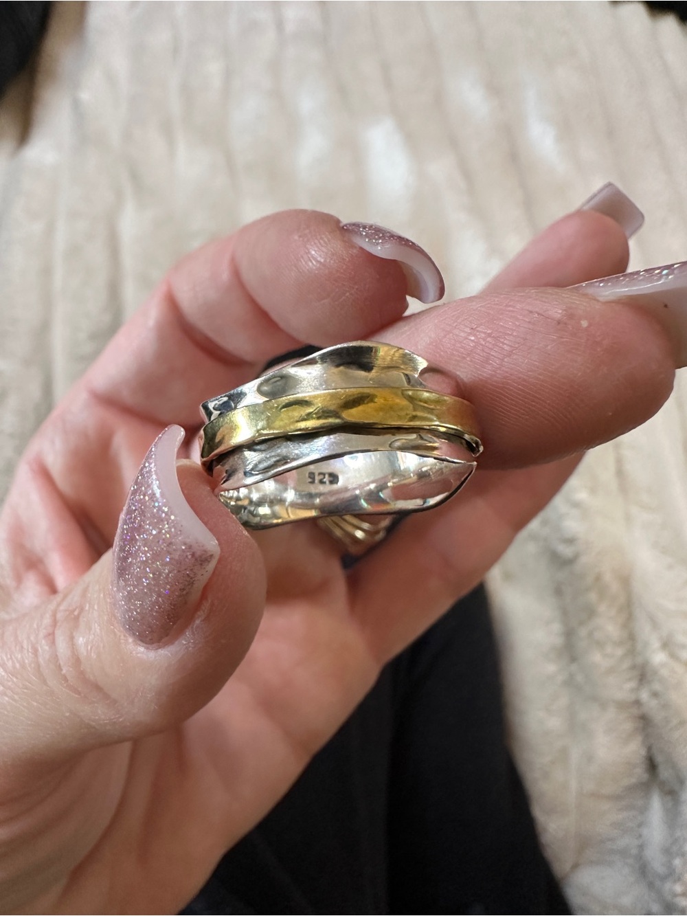 925 Sterling Silver Two Tone Gold Spinner Meditation Ring Size 9